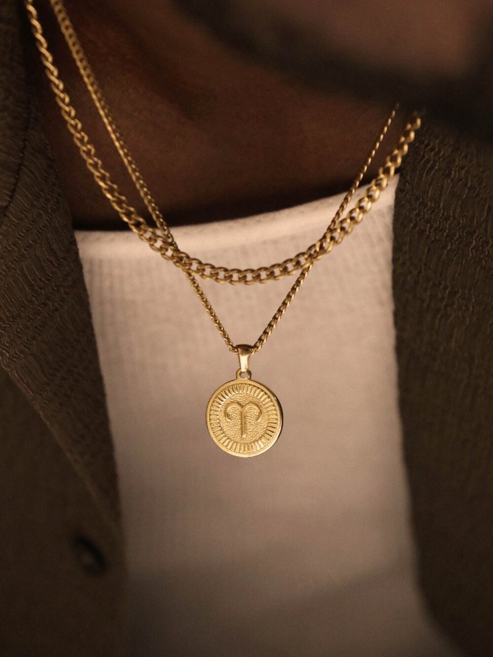 Men's Gold Aries Pendant Necklace Set